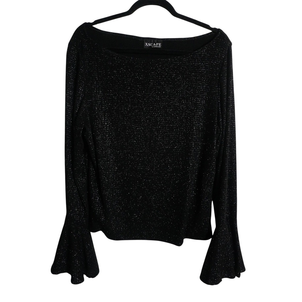 Vintage Xscape Bell Sleeve Top XL Y2K Metallic Sparkle Black Boat Neck Blouse